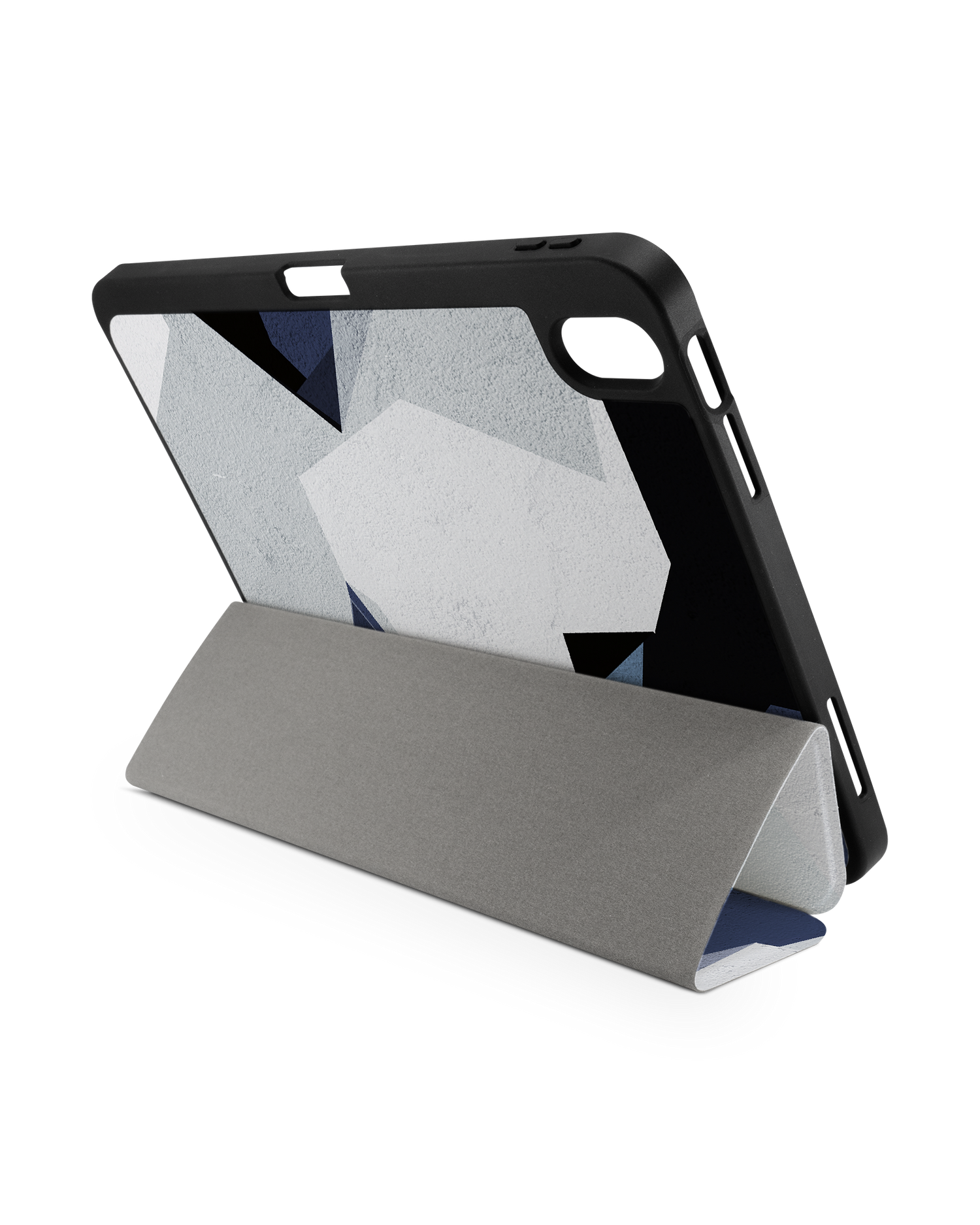 Geometric Camo Blue iPad Hülle mit Stifthalter für Apple iPad (10. Generation): Aufgestellt im Querformat von hinten