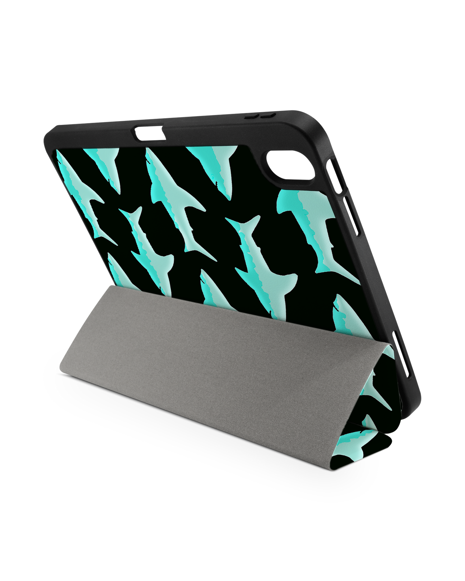 Neon Sharks iPad Hülle mit Stifthalter für Apple iPad (10. Generation): Aufgestellt im Querformat von hinten