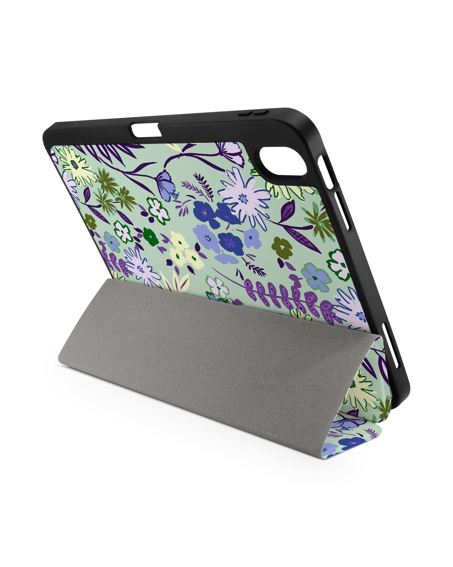 Pretty Purple Flowers iPad Hülle mit Stifthalter für Apple iPad (10. Generation): Aufgestellt im Querformat von hinten