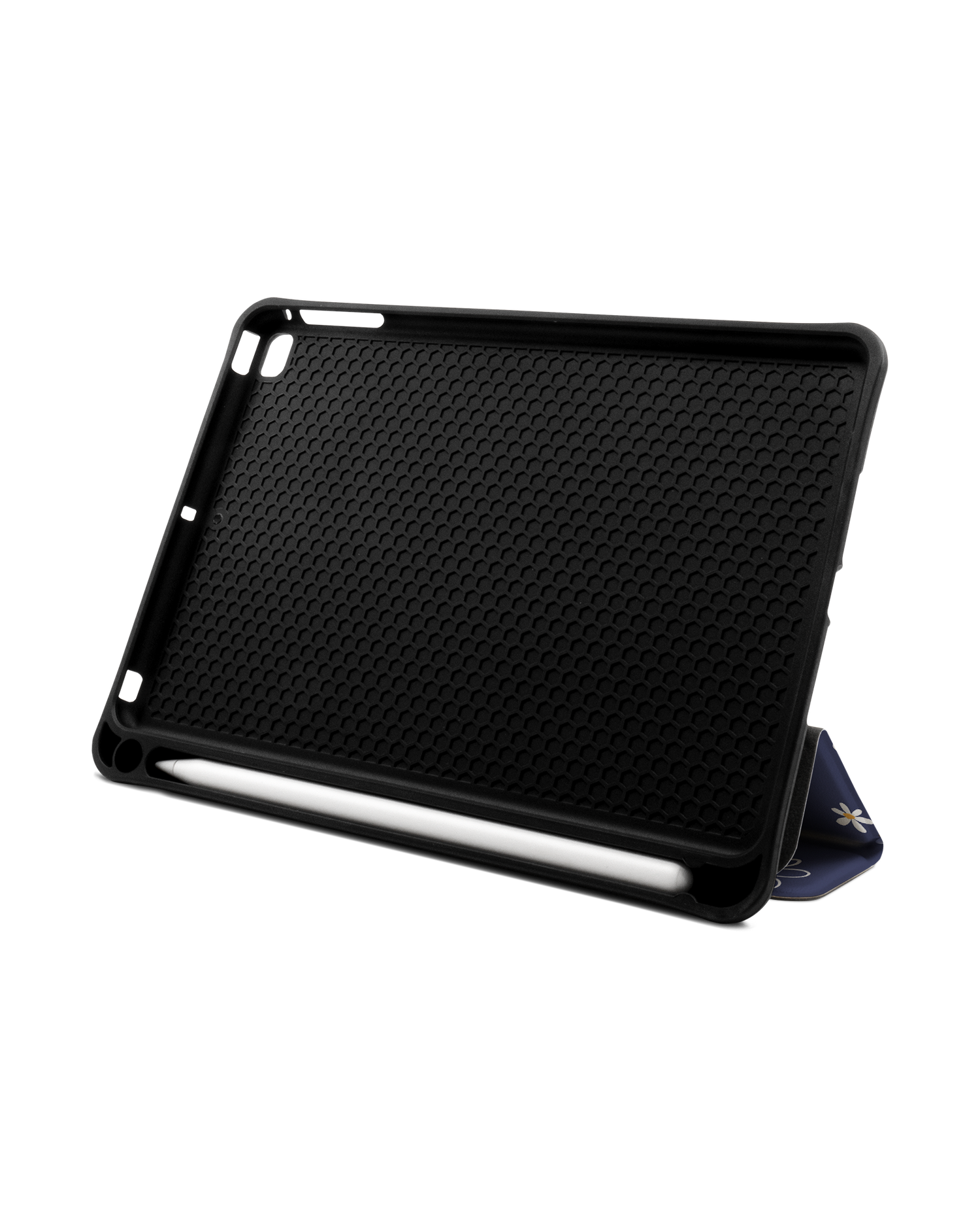 Navy Daisies iPad Hülle mit Stifthalter Apple iPad mini 5 (2019): Aufgestellt im Querformat von vorne
