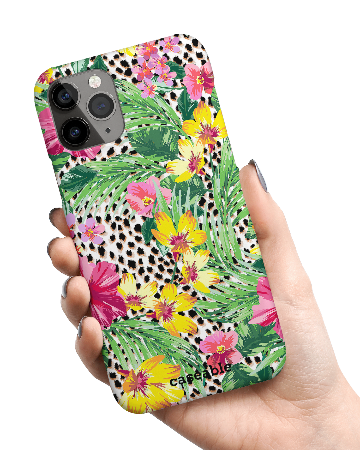 Tropical Cheetah Hardcase Handyhülle Apple iPhone 11 Pro in der Hand gehalten