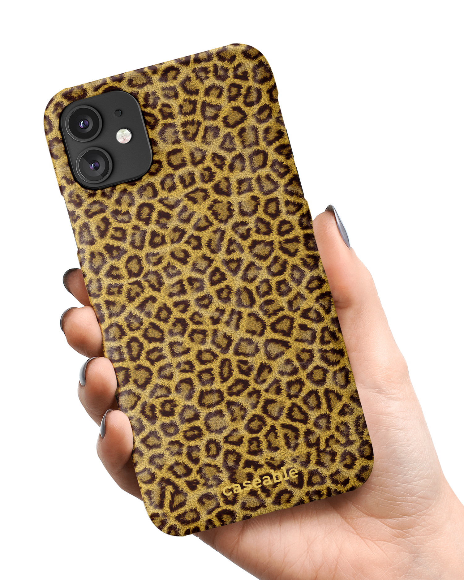 Leopard Skin Hardcase Handyhülle Apple iPhone 11 in der Hand gehalten