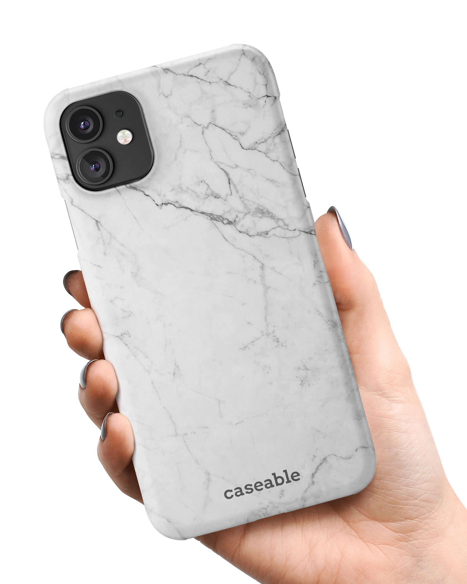 White Marble Hardcase Handyhülle Apple iPhone 11 in der Hand gehalten
