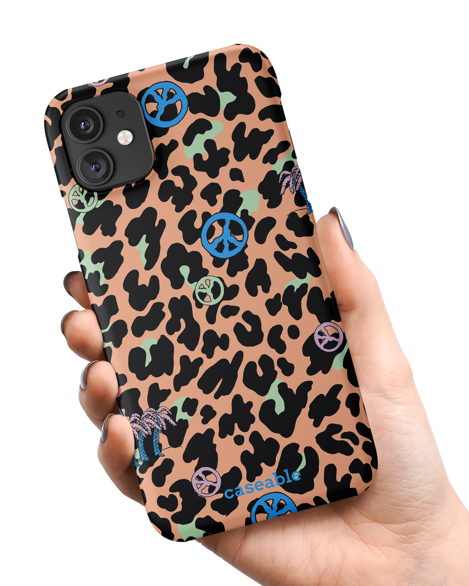 Leopard Peace Palms Hardcase Handyhülle Apple iPhone 11 in der Hand gehalten