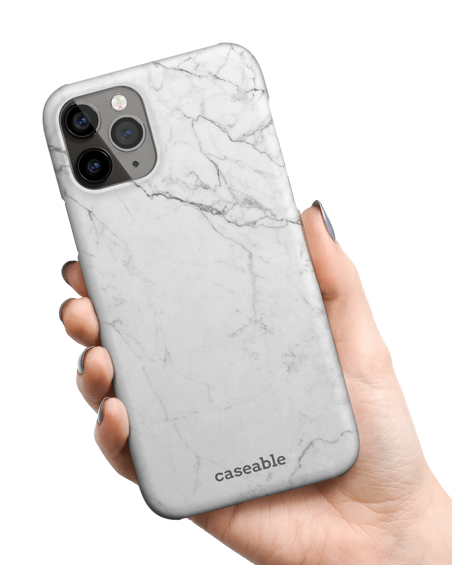White Marble Hardcase Handyhülle Apple iPhone 11 Pro Max in der Hand gehalten