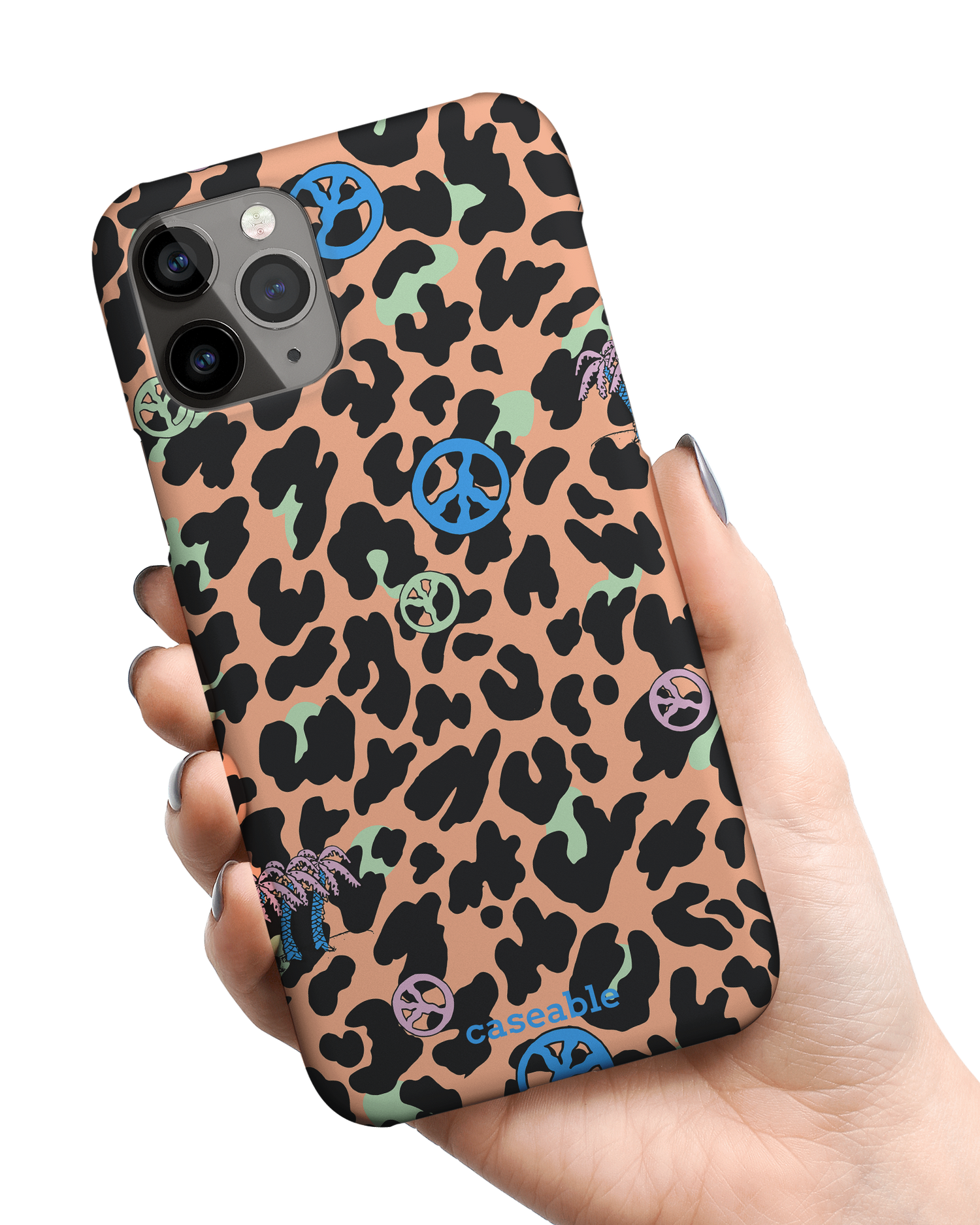Leopard Peace Palms Hardcase Handyhülle Apple iPhone 11 Pro Max in der Hand gehalten