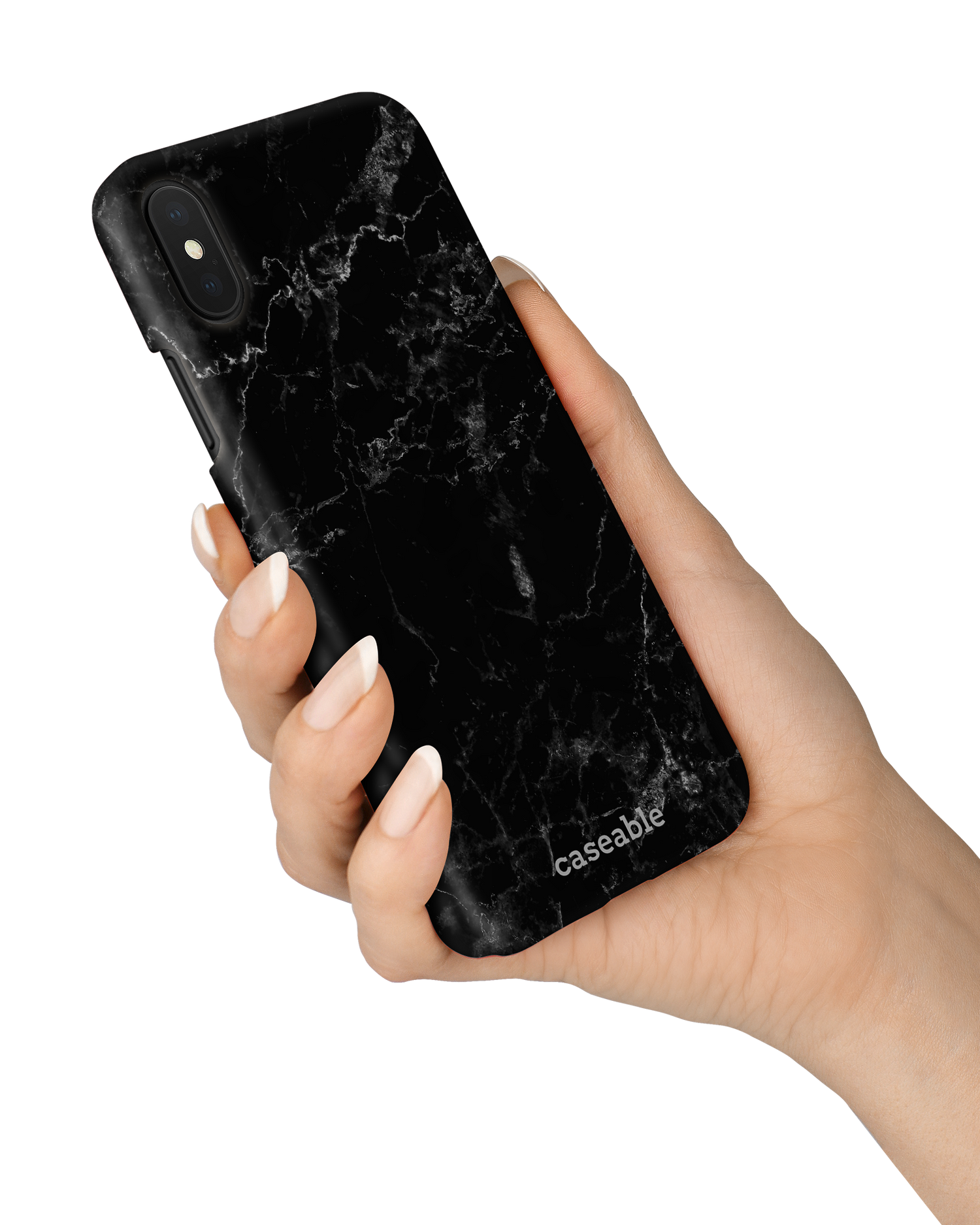 Midnight Marble Hardcase Handyhülle Apple iPhone X, Apple iPhone XS in der Hand gehalten