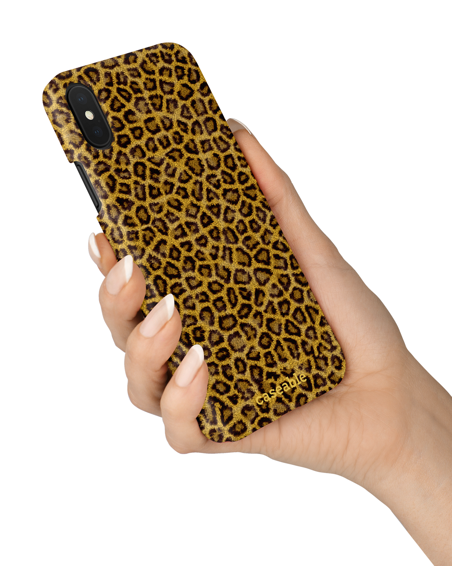 Leopard Skin Hardcase Handyhülle Apple iPhone X, Apple iPhone XS in der Hand gehalten