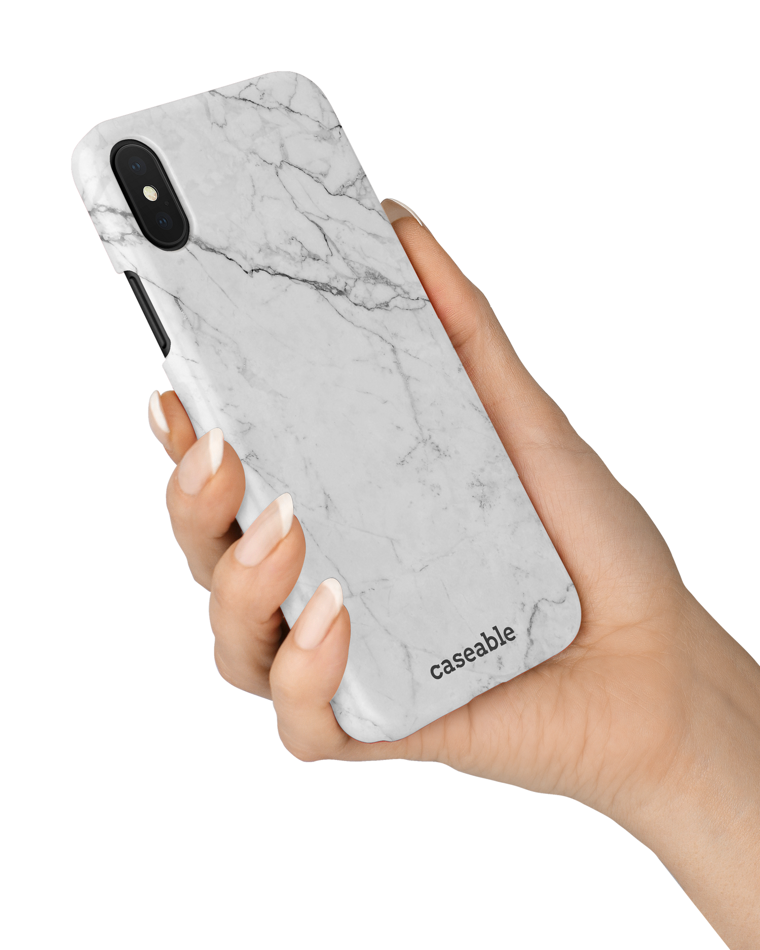 White Marble Hardcase Handyhülle Apple iPhone X, Apple iPhone XS in der Hand gehalten