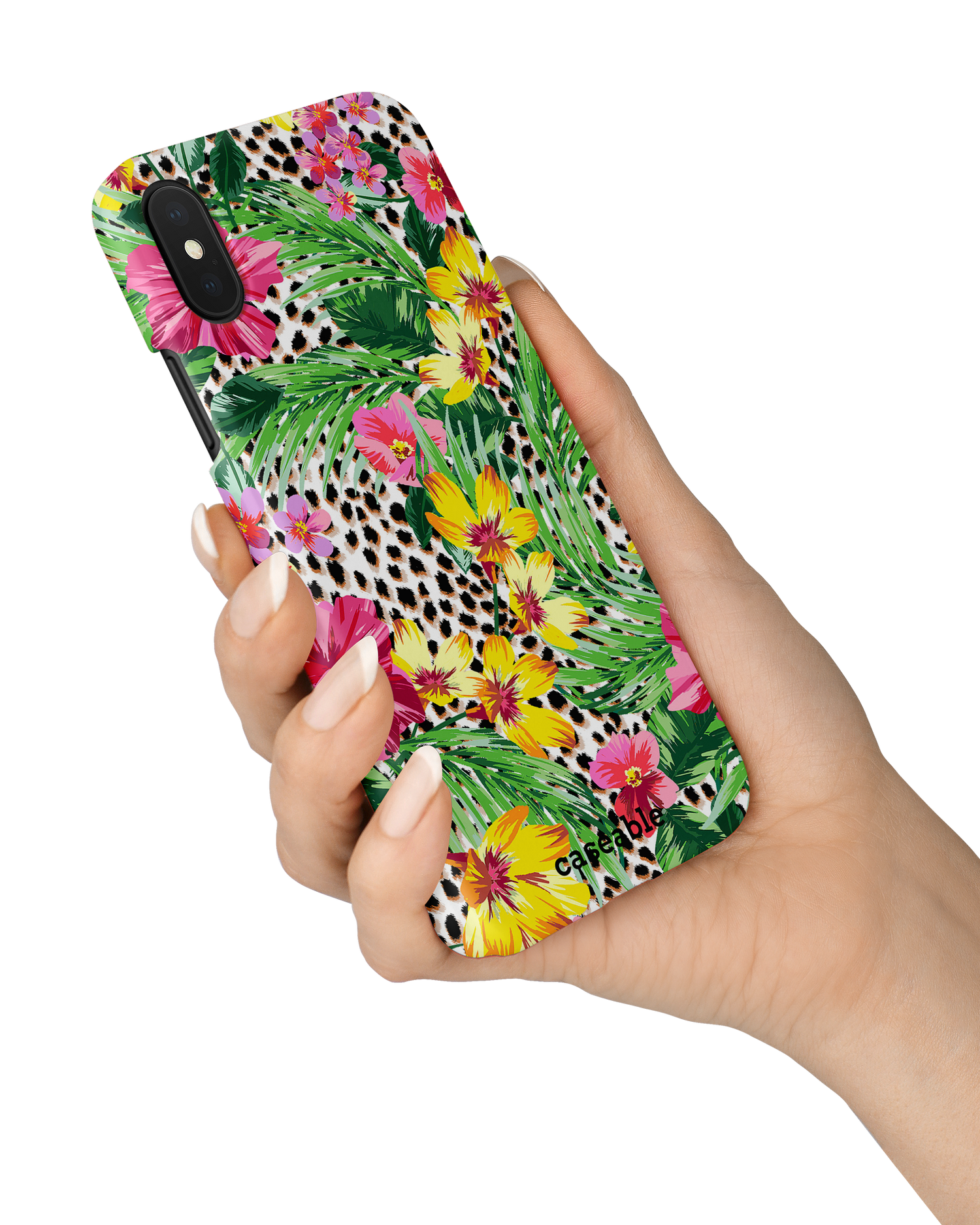 Tropical Cheetah Hardcase Handyhülle Apple iPhone X, Apple iPhone XS in der Hand gehalten