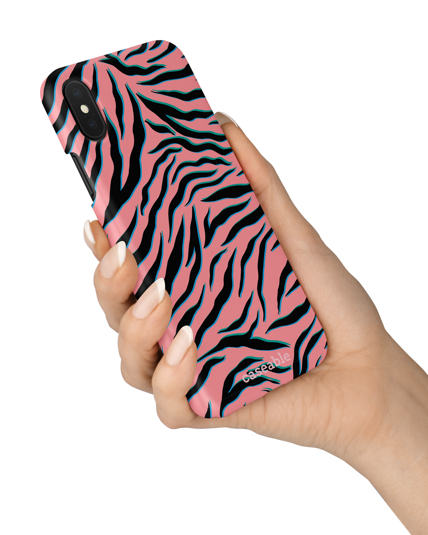 Pink Zebra Hardcase Handyhülle Apple iPhone X, Apple iPhone XS in der Hand gehalten