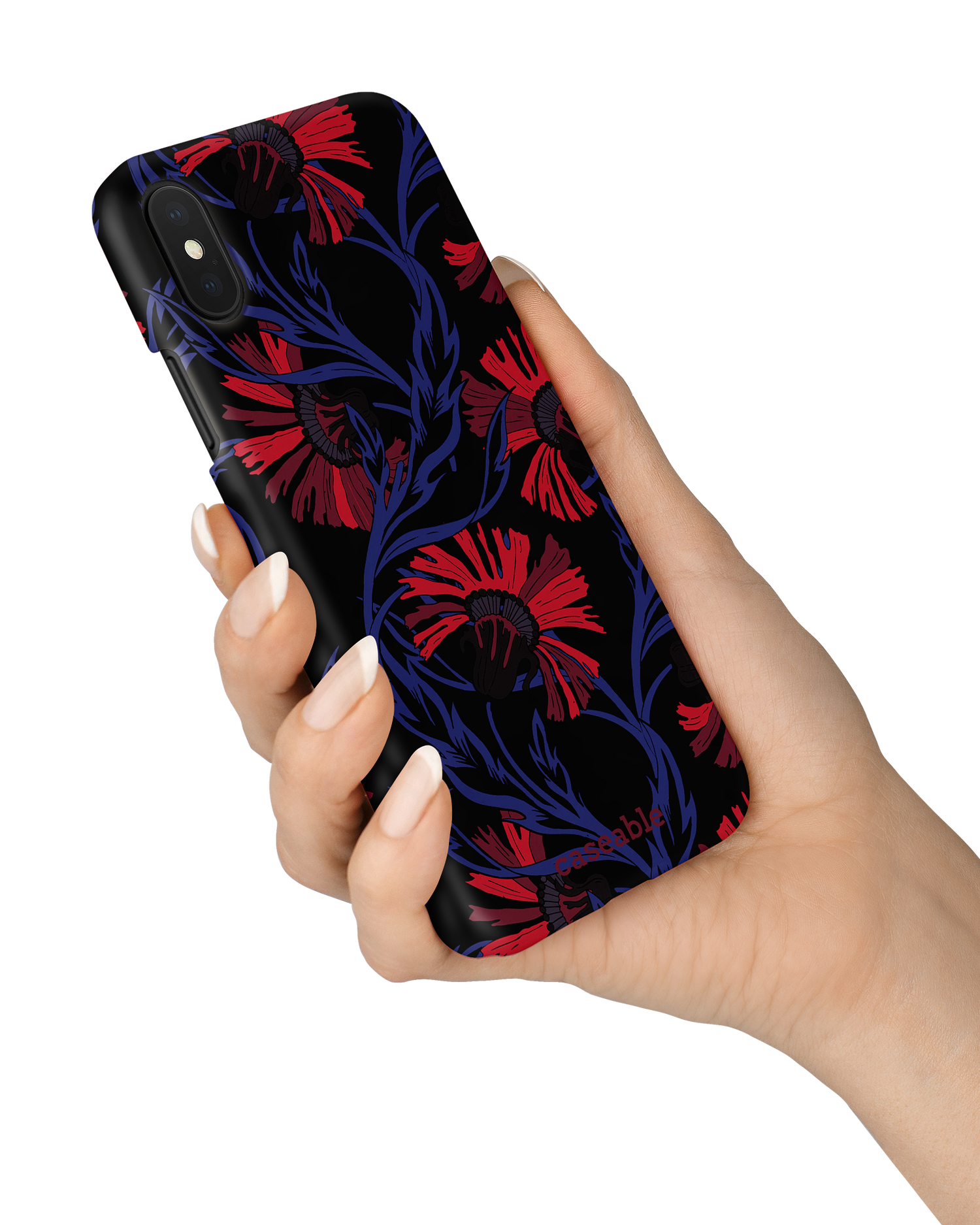 Midnight Floral Hardcase Handyhülle Apple iPhone X, Apple iPhone XS in der Hand gehalten