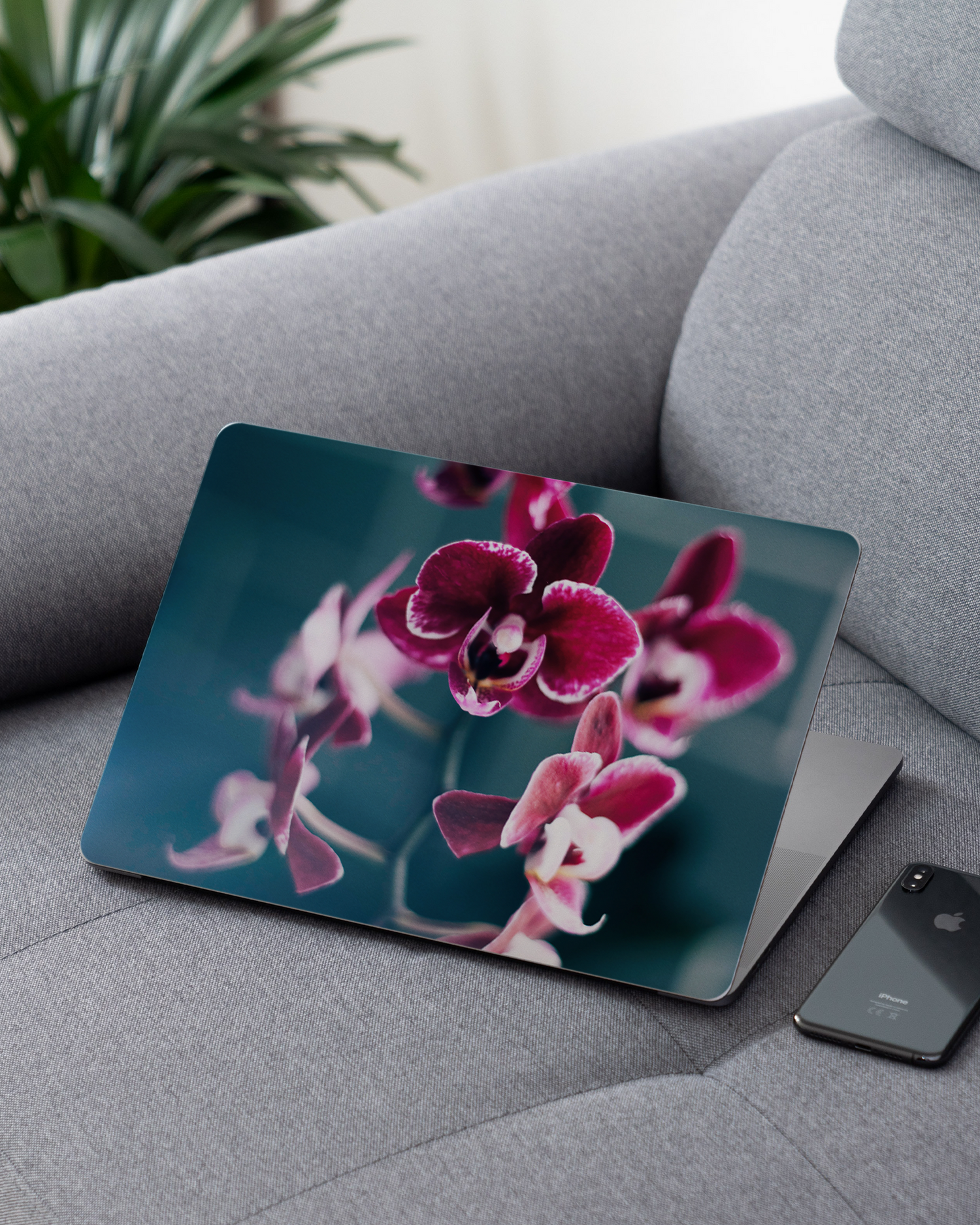 Orchid Laptop Aufkleber für 13 Zoll Apple MacBooks auf dem Sofa