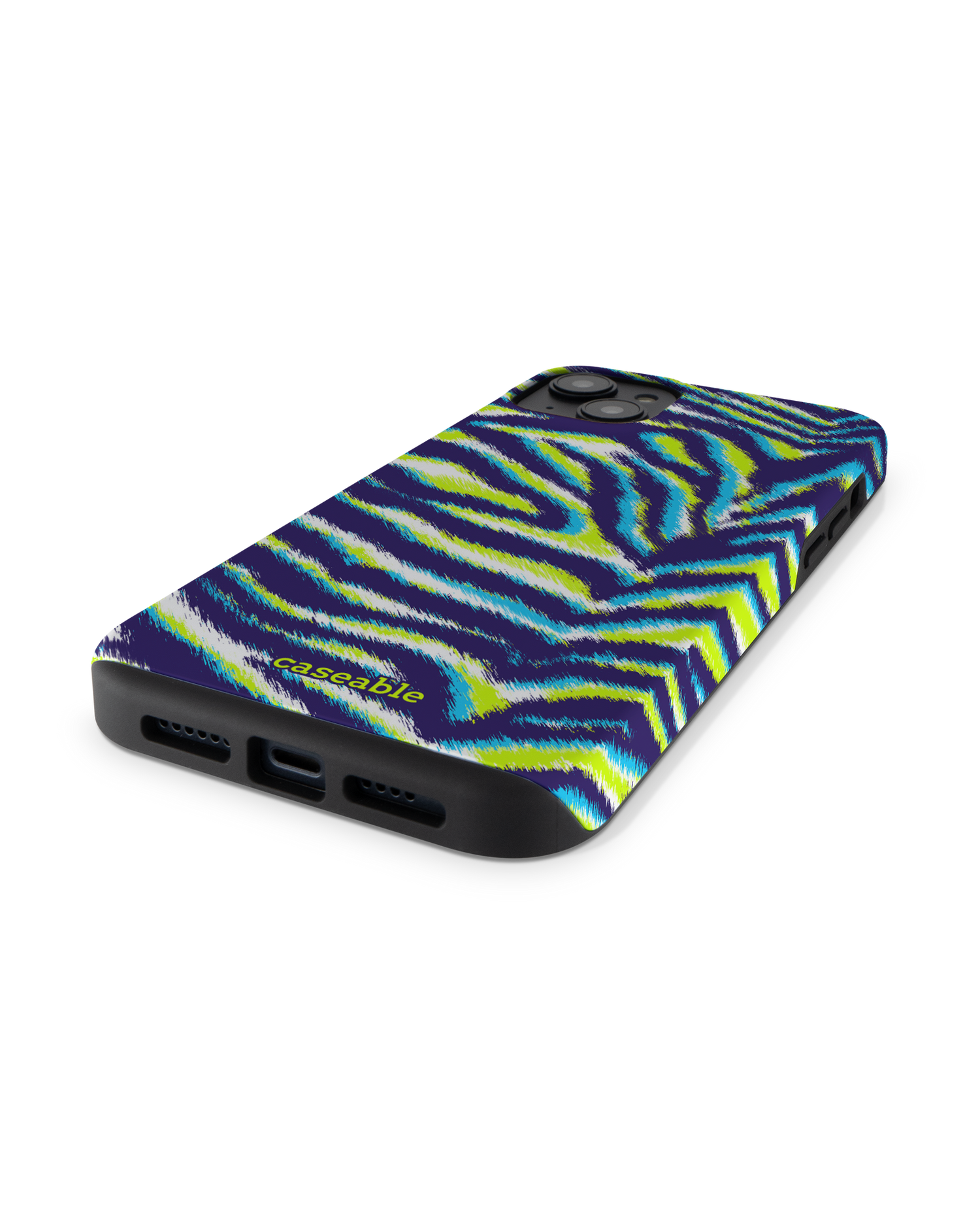 Neon Zebra Premium Handyhülle für Apple iPhone 14 Plus: Smartphone liegend