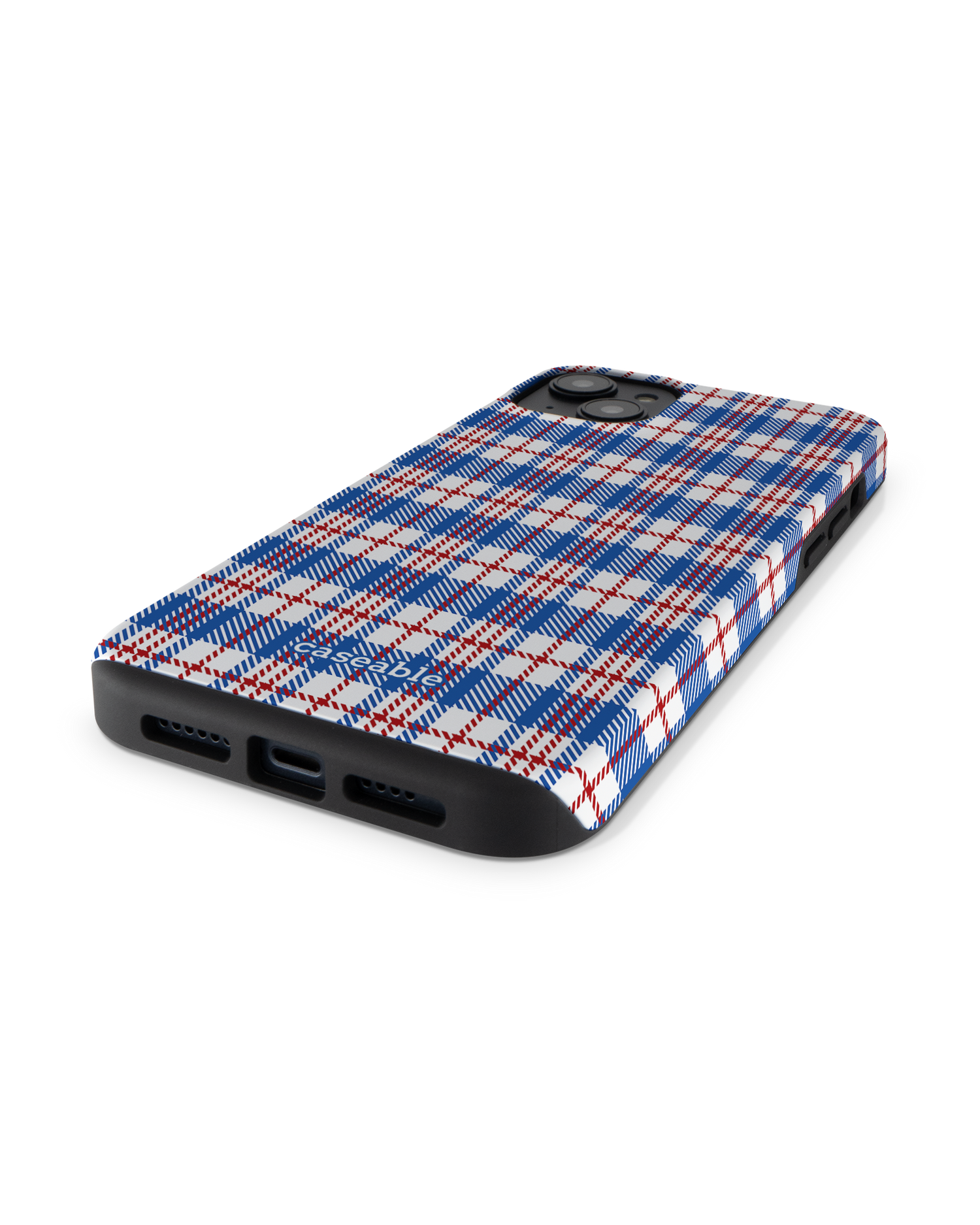 Plaid Market Bag Premium Handyhülle für Apple iPhone 14 Plus: Smartphone liegend
