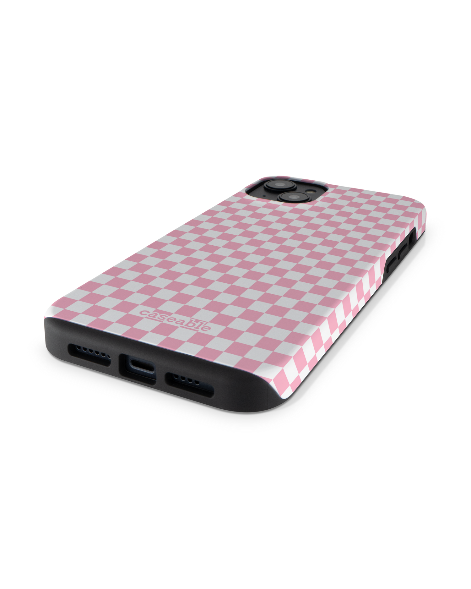 Pink Checkerboard Premium Handyhülle für Apple iPhone 14 Plus: Smartphone liegend