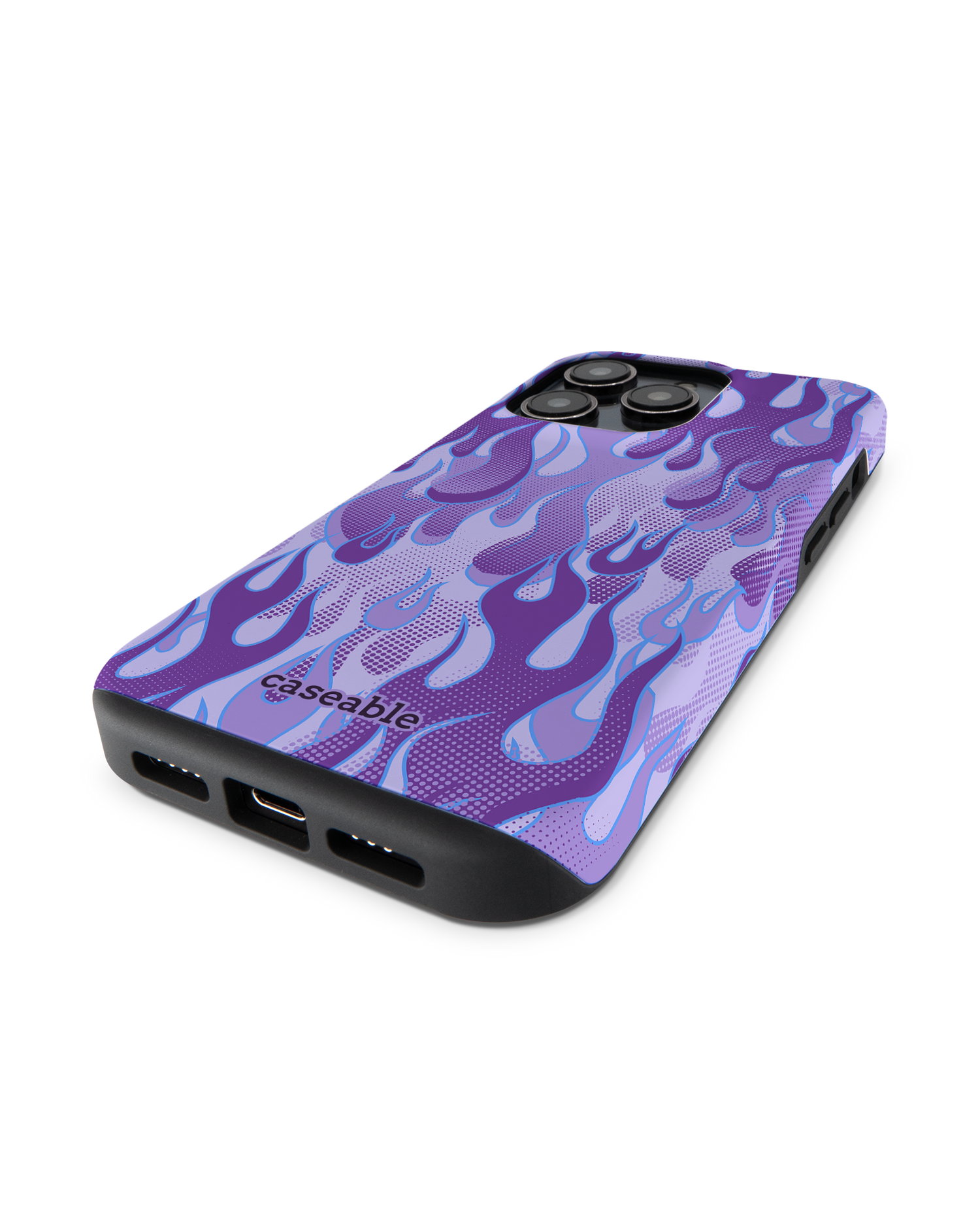 Purple Flames Premium Handyhülle für Apple iPhone 14 Pro: Smartphone liegend