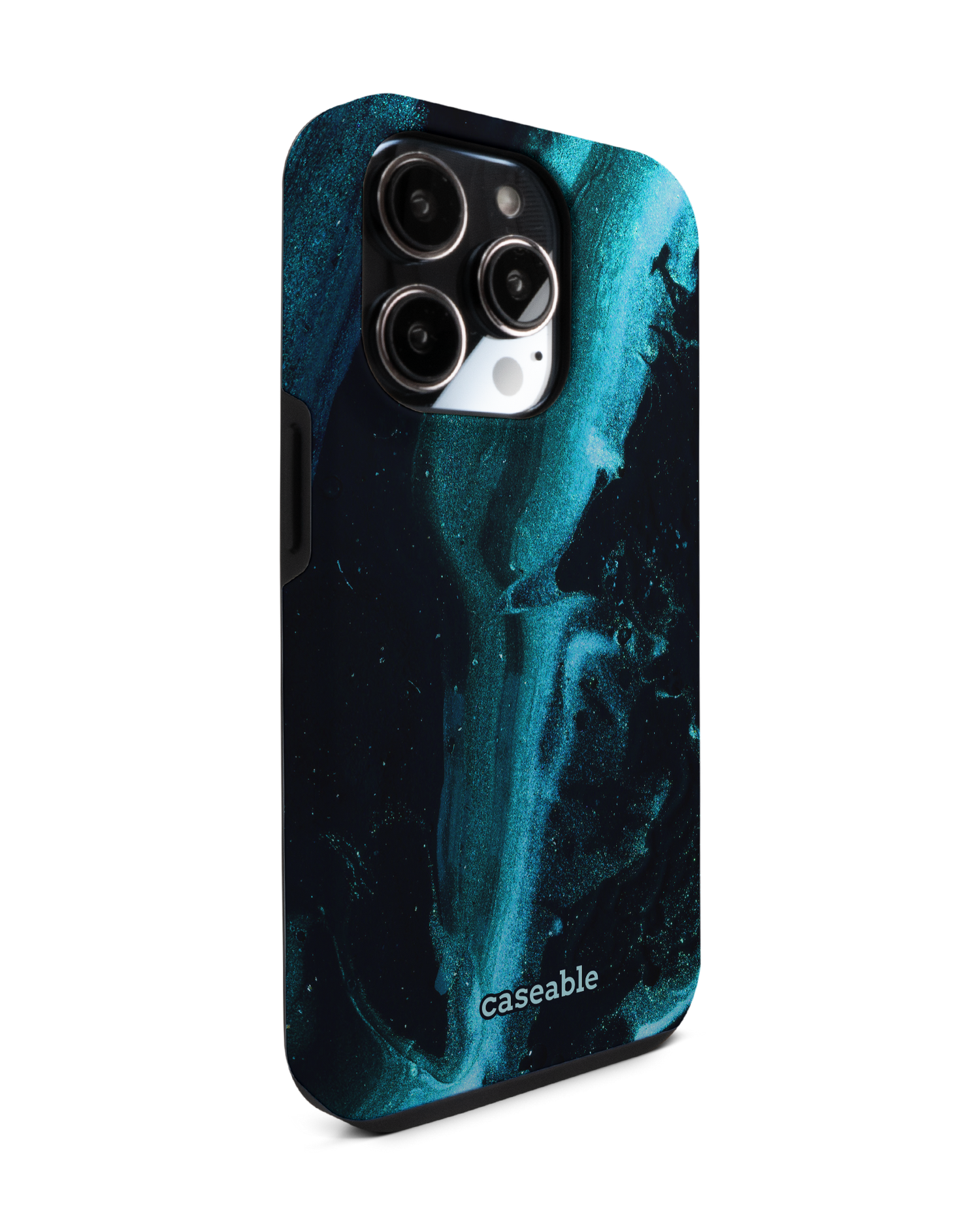 Deep Turquoise Sparkle Premium Handyhülle für Apple iPhone 14 Pro: Seitenansicht links