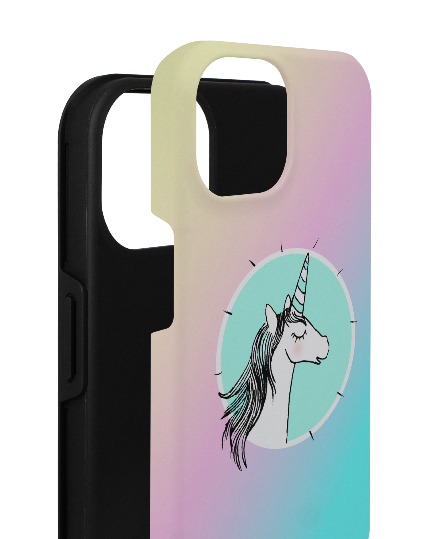 Happiness Unicorn Premium Handyhülle für Apple iPhone 14 besteht aus 2 Teilen