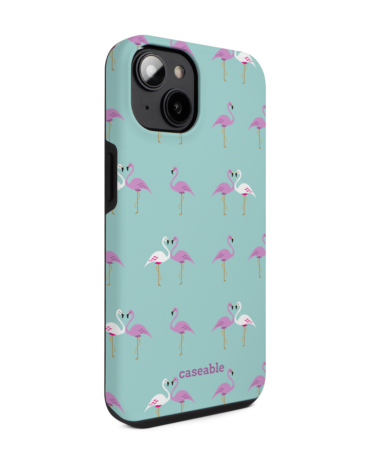 Two Flamingos Premium Handyhülle für Apple iPhone 14: Seitenansicht links