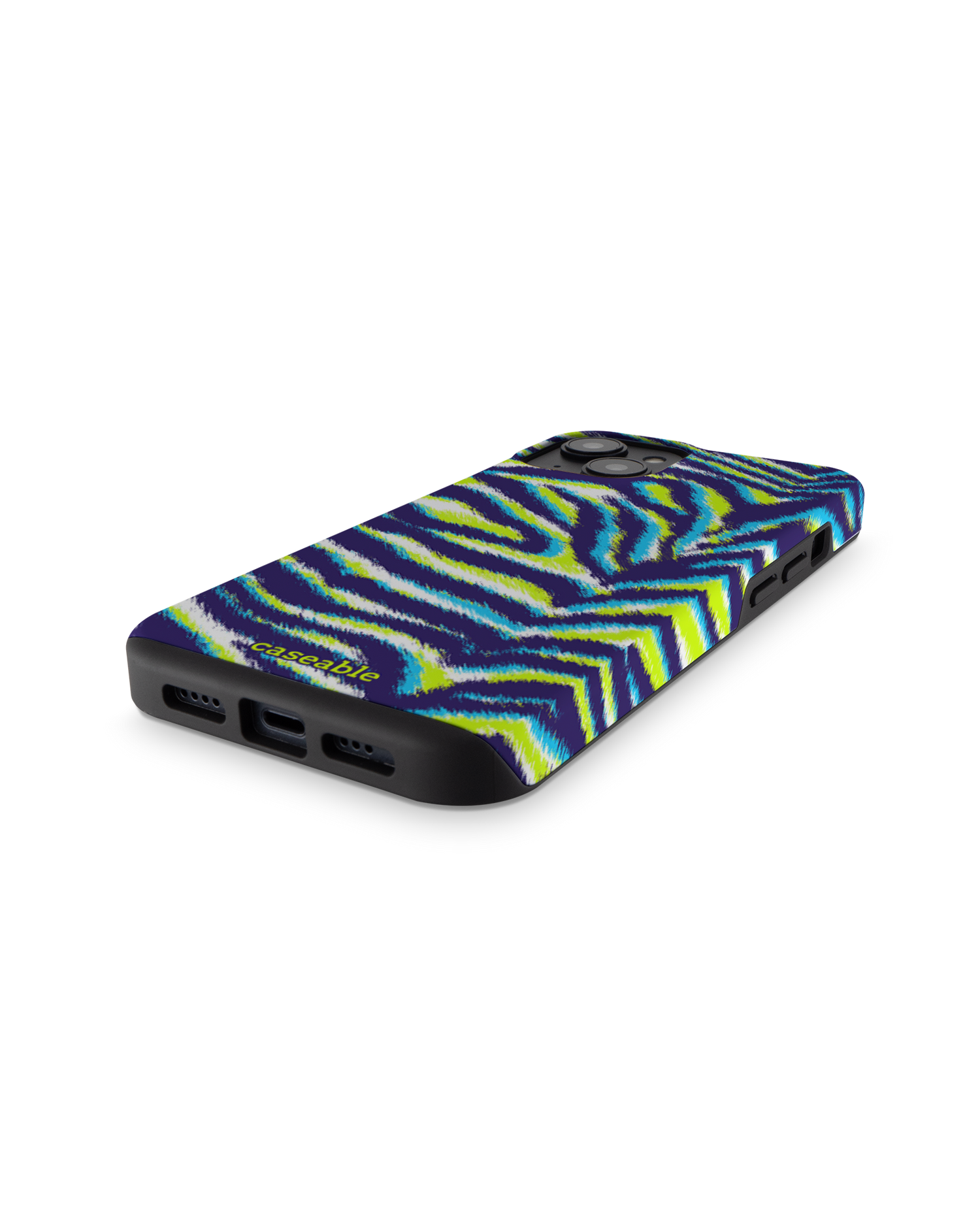 Neon Zebra Premium Handyhülle für Apple iPhone 14: Smartphone liegend