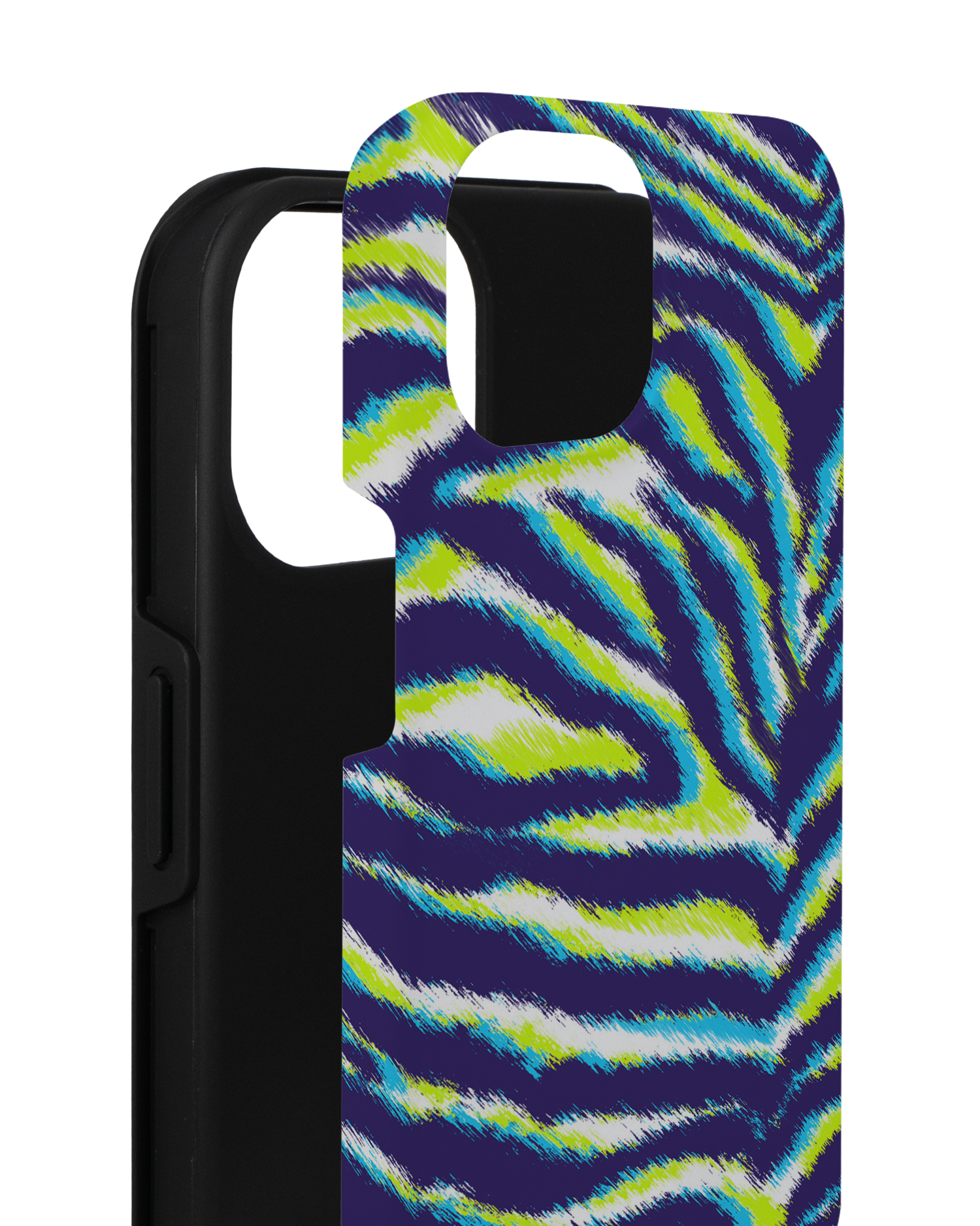 Neon Zebra Premium Handyhülle für Apple iPhone 14 besteht aus 2 Teilen