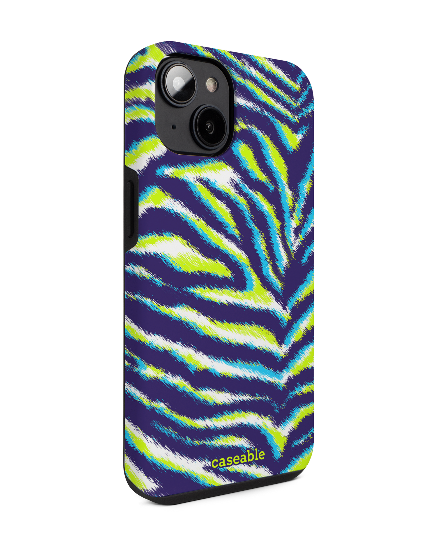 Neon Zebra Premium Handyhülle für Apple iPhone 14: Seitenansicht links