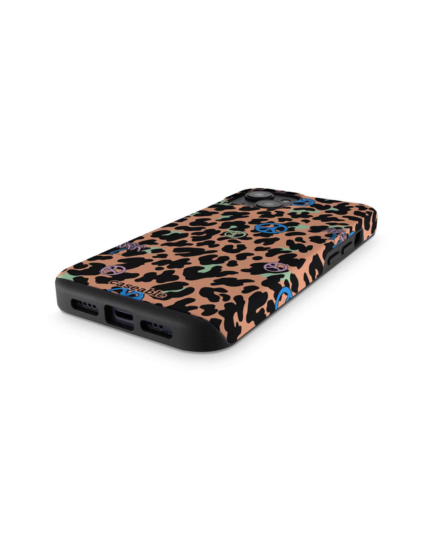 Leopard Peace Palms Premium Handyhülle für Apple iPhone 14: Smartphone liegend