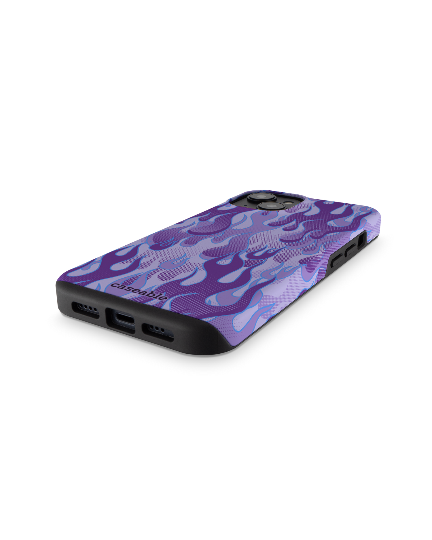 Purple Flames Premium Handyhülle für Apple iPhone 14: Smartphone liegend