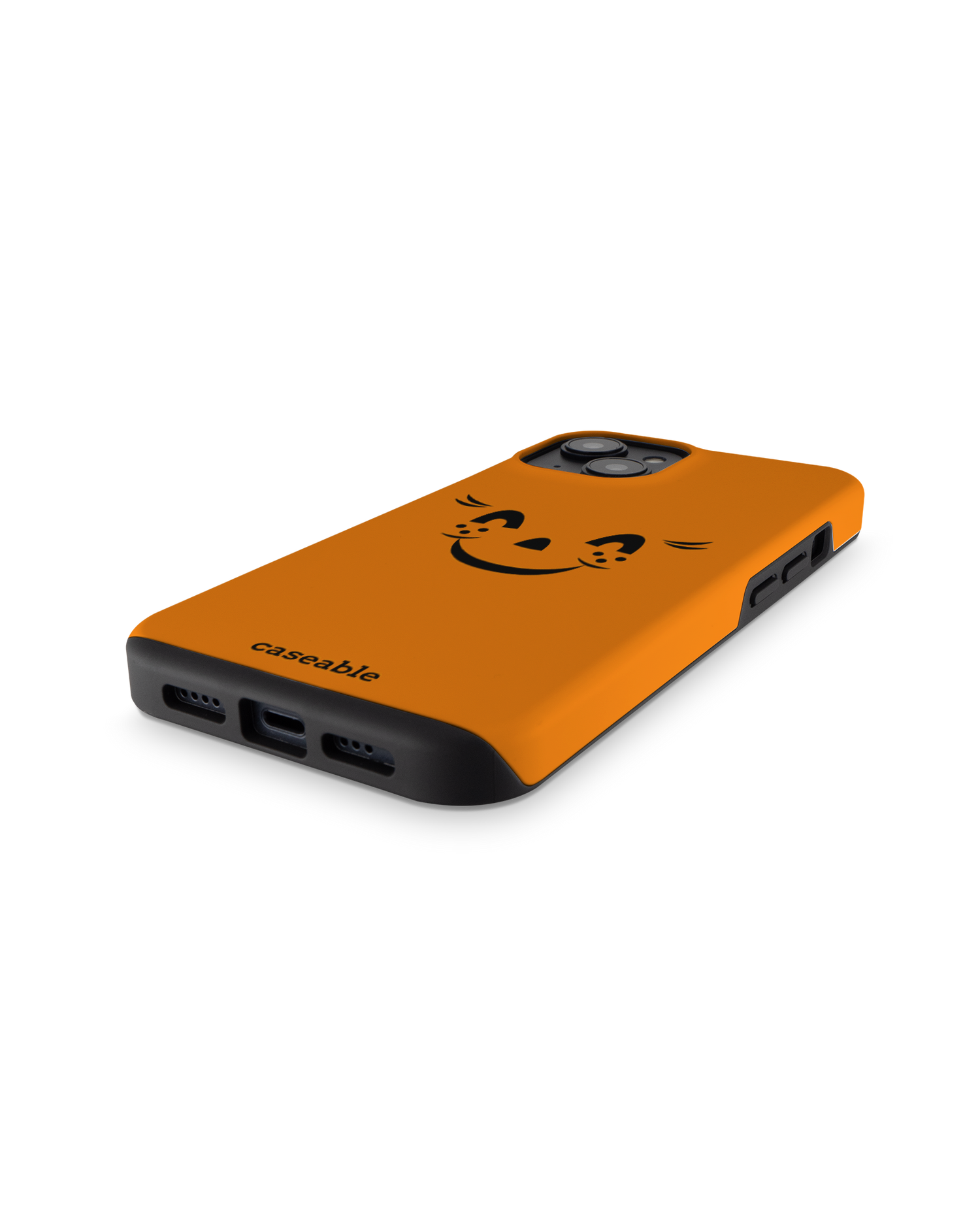 Pumpkin Smiles Premium Handyhülle für Apple iPhone 14: Smartphone liegend