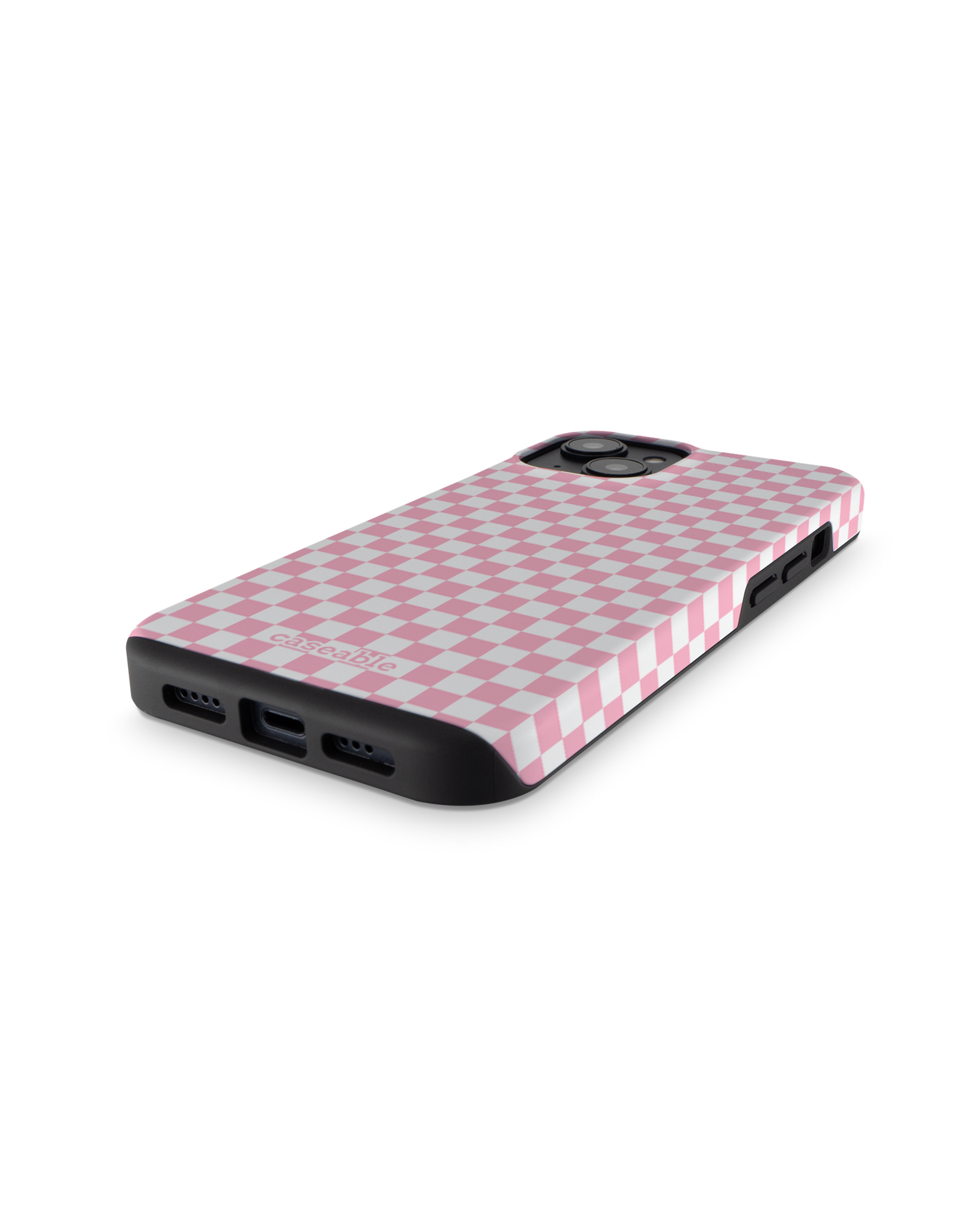 Pink Checkerboard Premium Handyhülle für Apple iPhone 14: Smartphone liegend
