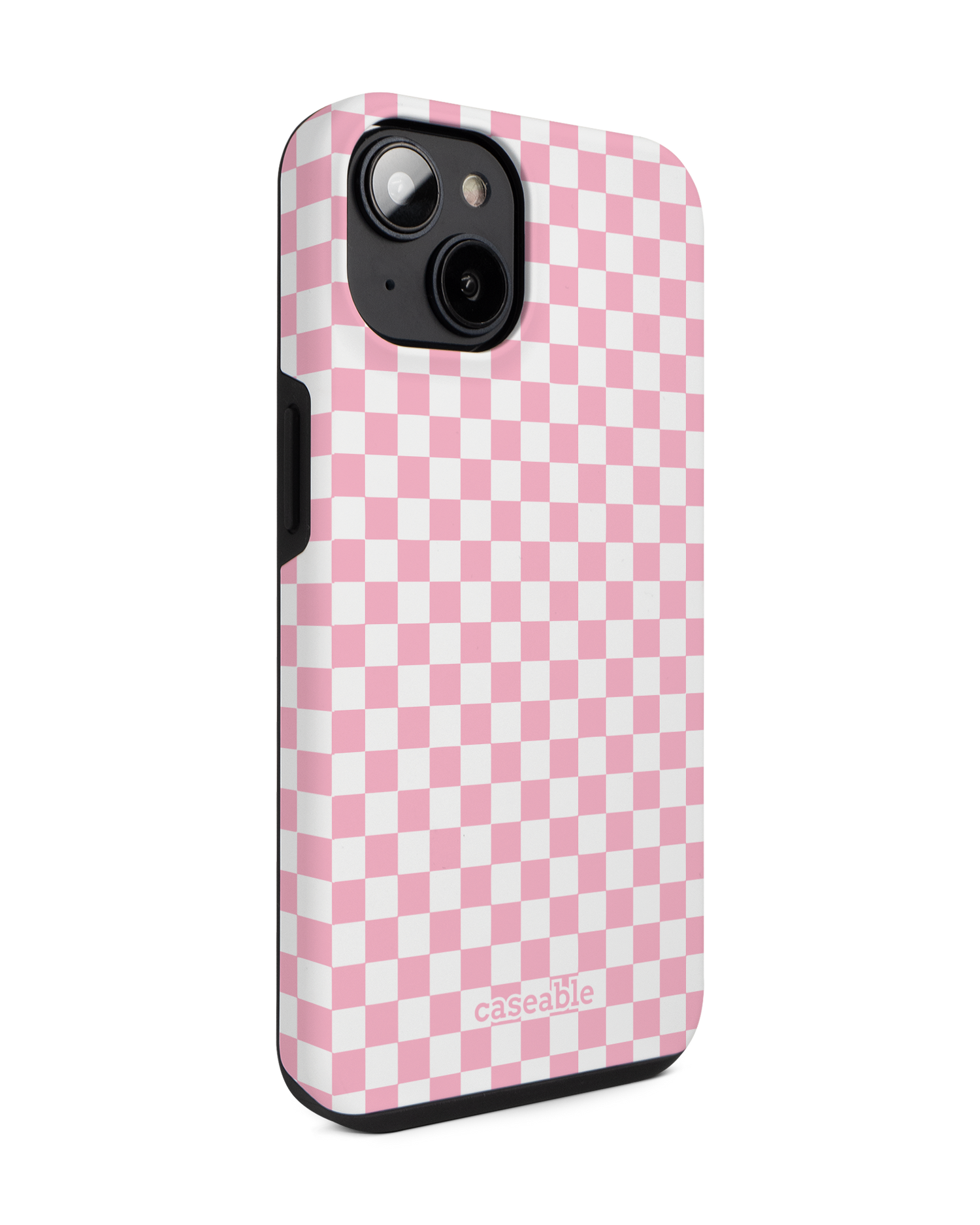 Pink Checkerboard Premium Handyhülle für Apple iPhone 14: Seitenansicht links