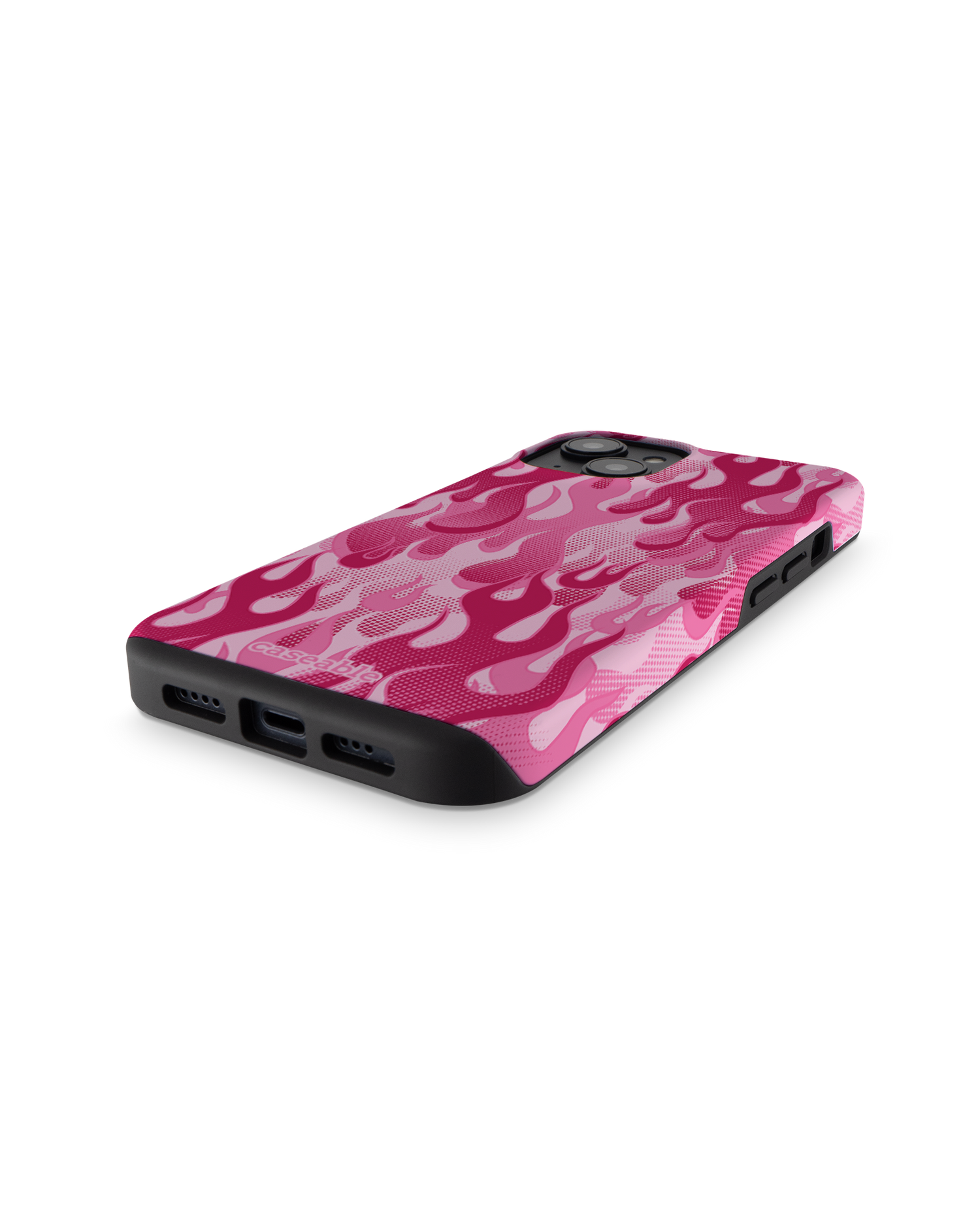 Pink Flames Premium Handyhülle für Apple iPhone 14: Smartphone liegend