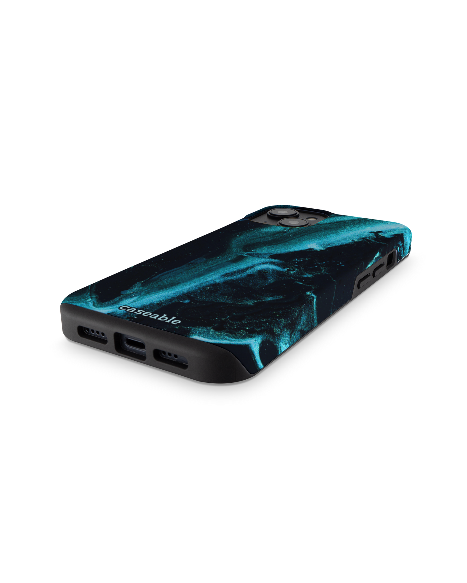 Deep Turquoise Sparkle Premium Handyhülle für Apple iPhone 14: Smartphone liegend