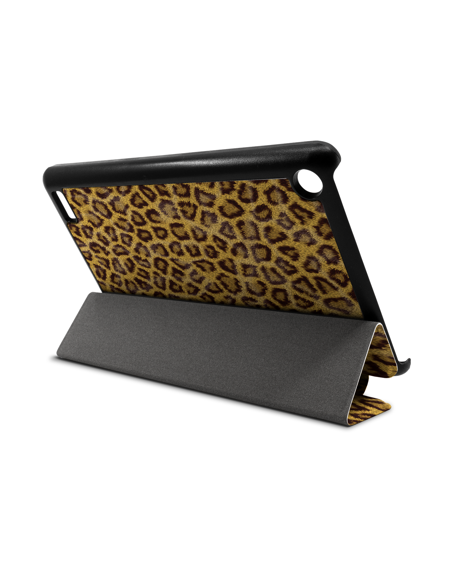 Leopard Skin Tablet Smart Case für Amazon Fire 7: Aufgestellt im Querformat