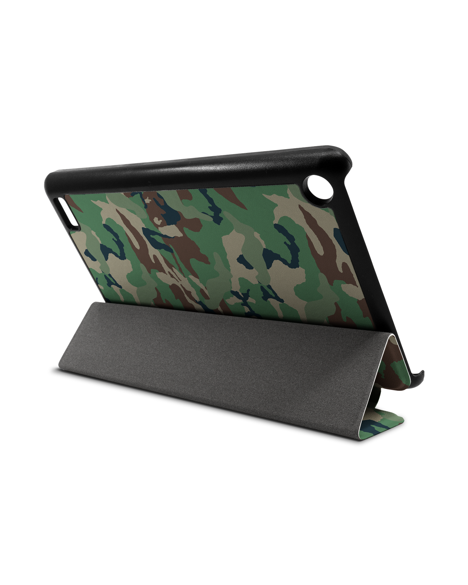 Green and Brown Camo Tablet Smart Case für Amazon Fire 7: Aufgestellt im Querformat