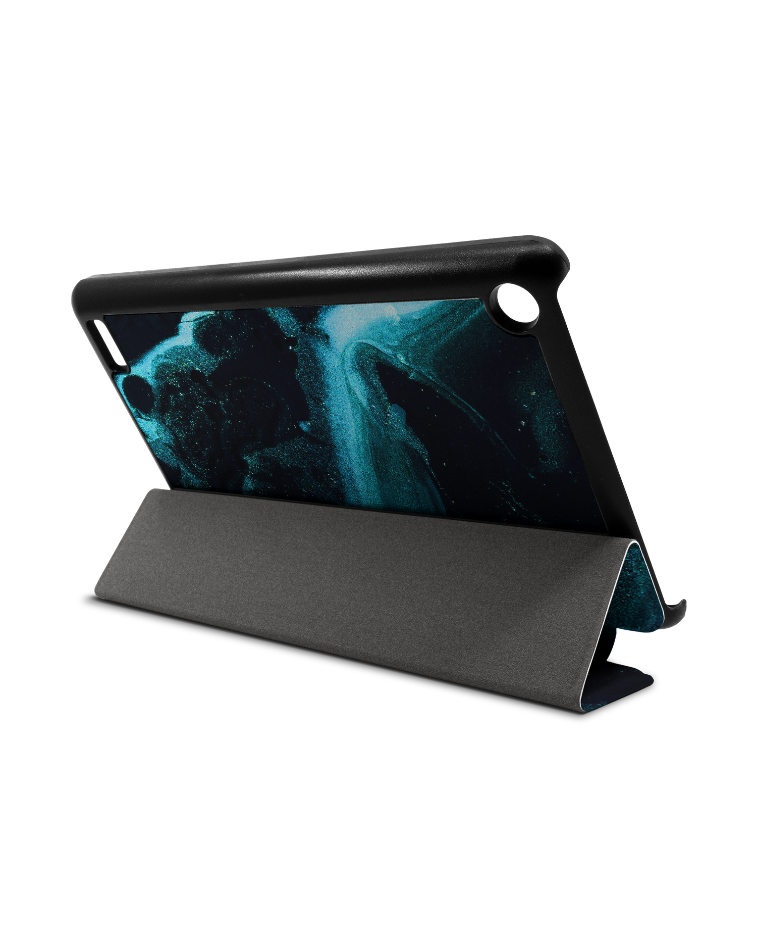 Deep Turquoise Sparkle Tablet Smart Case für Amazon Fire 7: Aufgestellt im Querformat